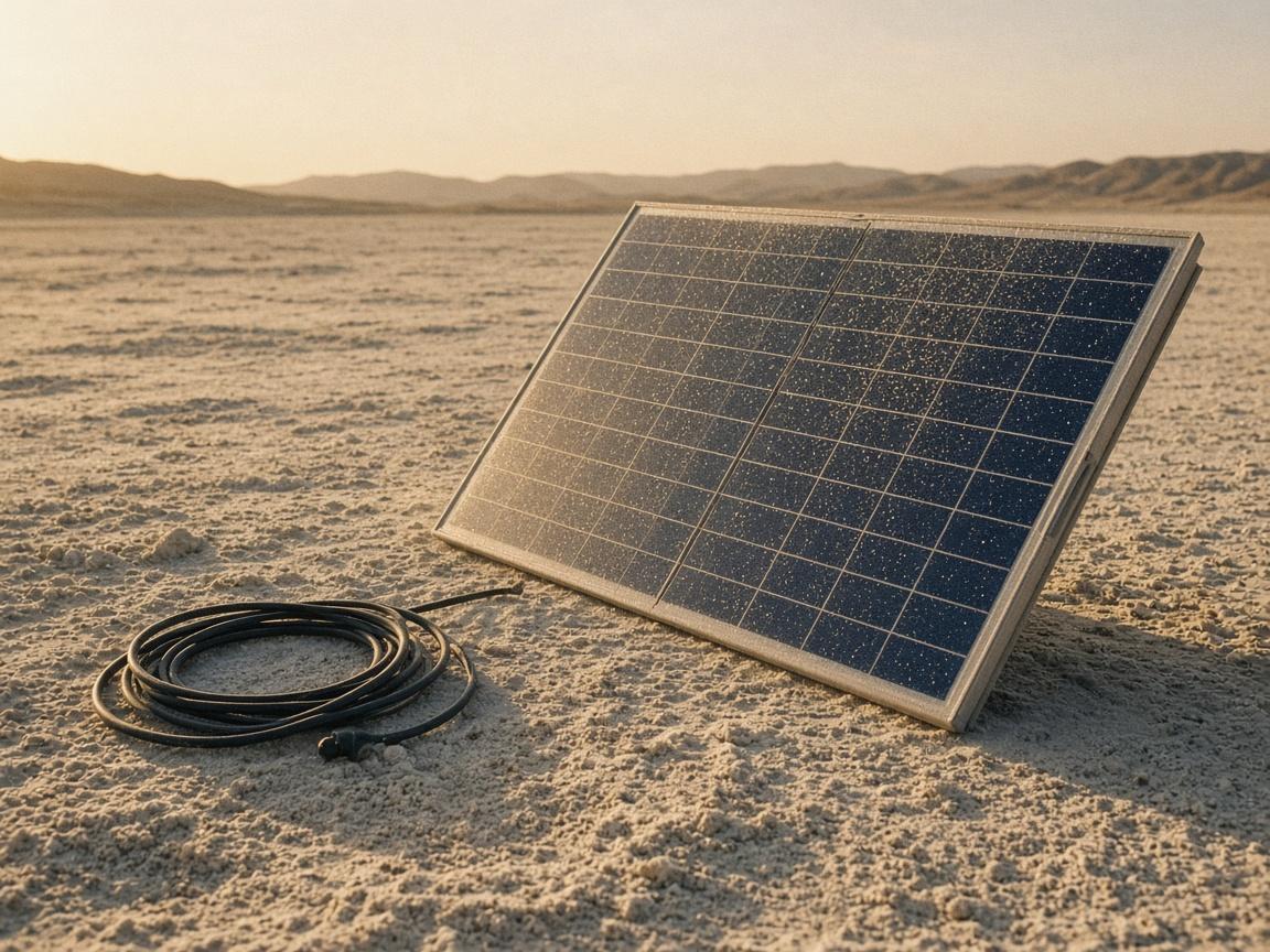 A foldable solar panel propped on pale dust, cable coiled beside it.