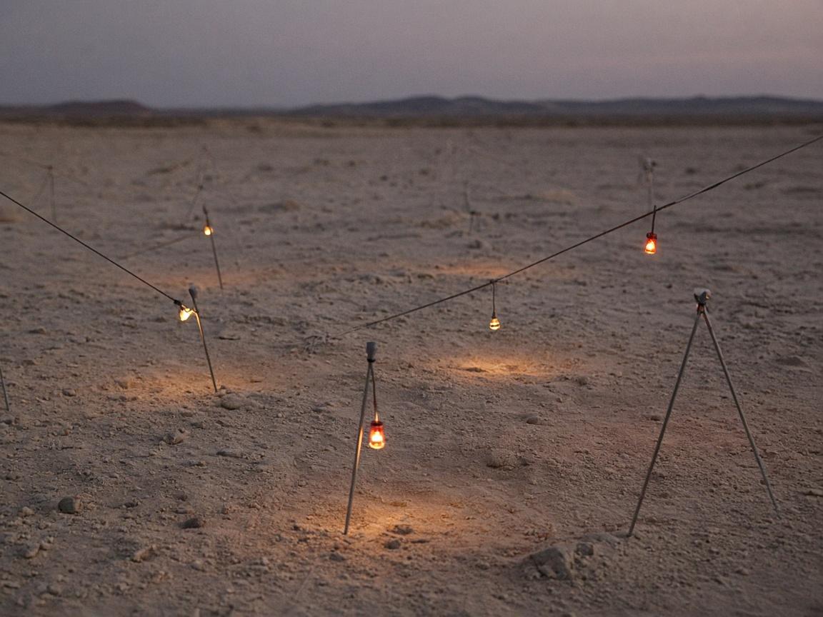 Small lights clipped to guy lines and stake tops in the dust at dusk.