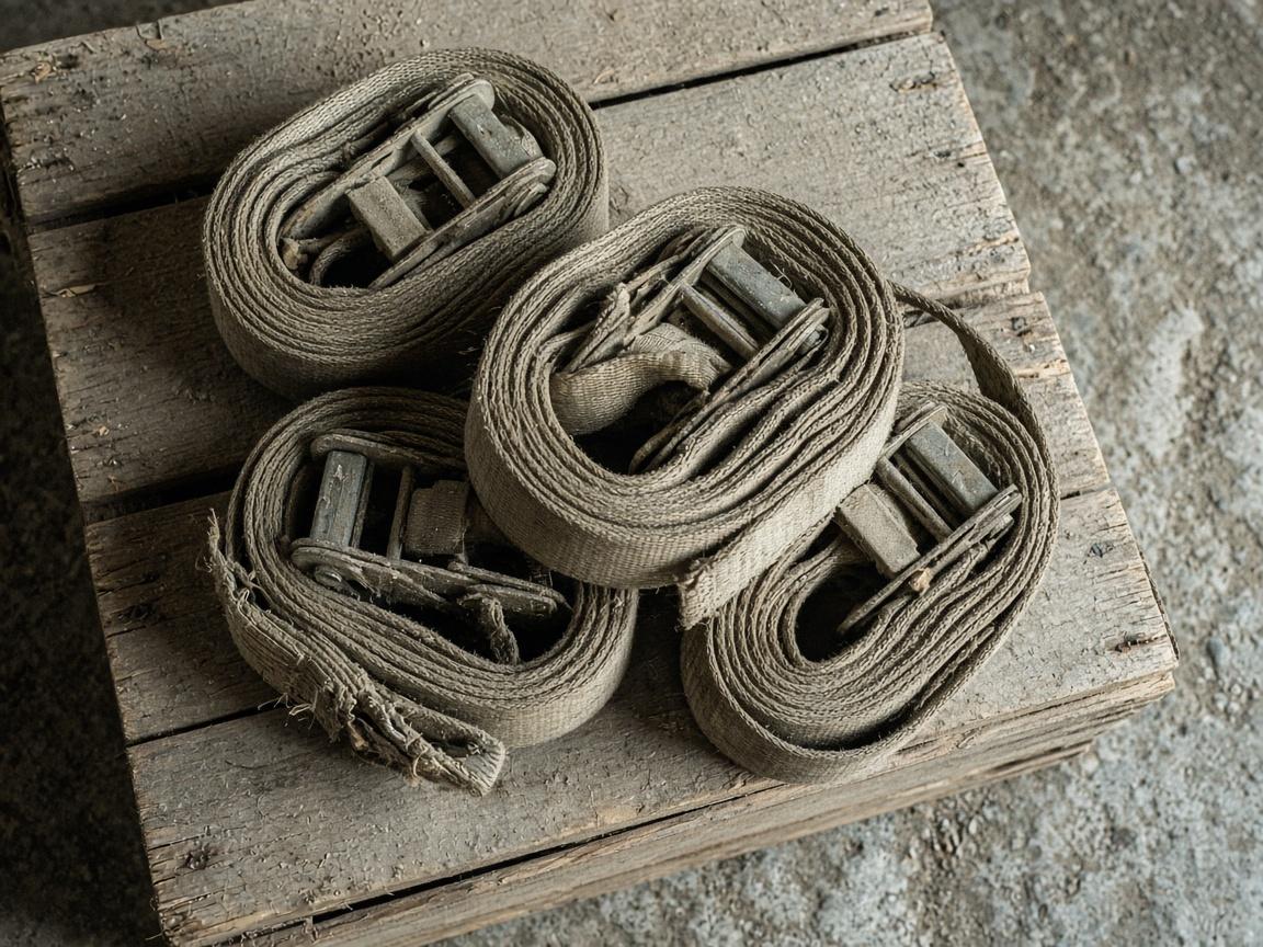 Coiled ratchet straps with dusty buckles.