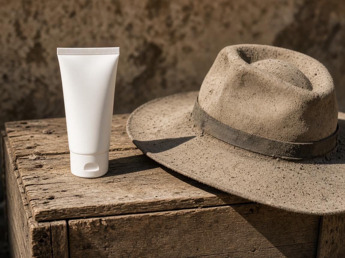 An unmarked sunscreen tube and a dusty brim hat.