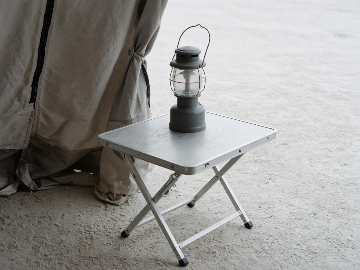 A low folding camp table just inside a tent door.