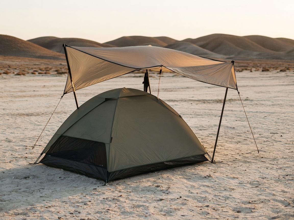 A dome tent with a full rainfly under a separate shade roof.