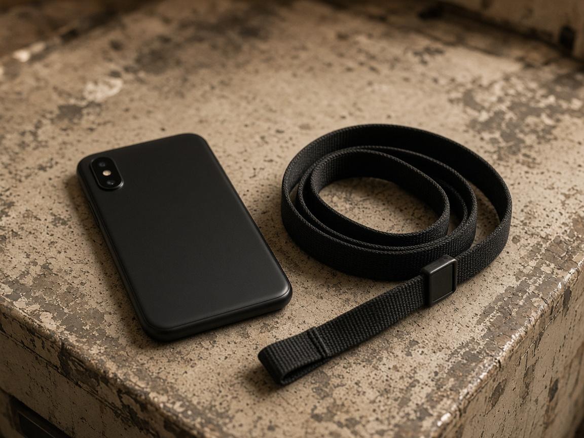 A plain phone tether coiled beside a blank phone.