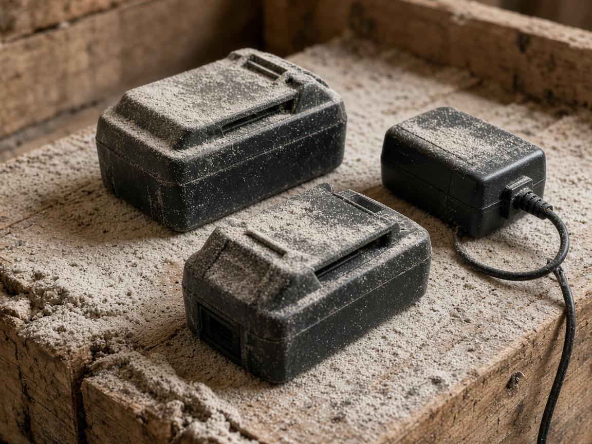 Two plain tool batteries and a charger on a dusty crate.