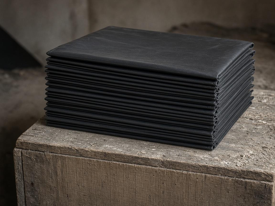 Thick black contractor bags folded on a crate.