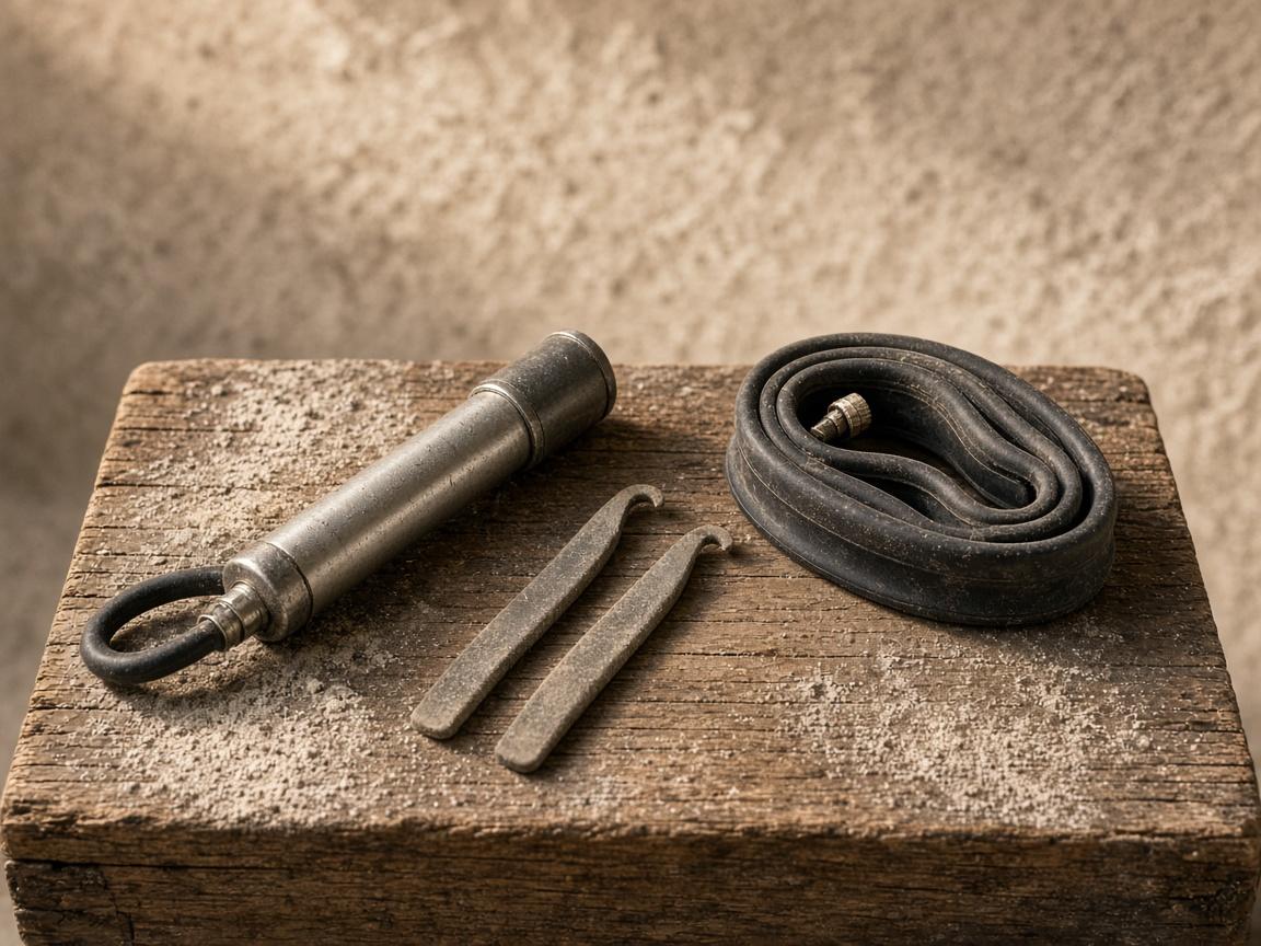 A small bike pump, a spare tube, and tire levers on a dusty crate.