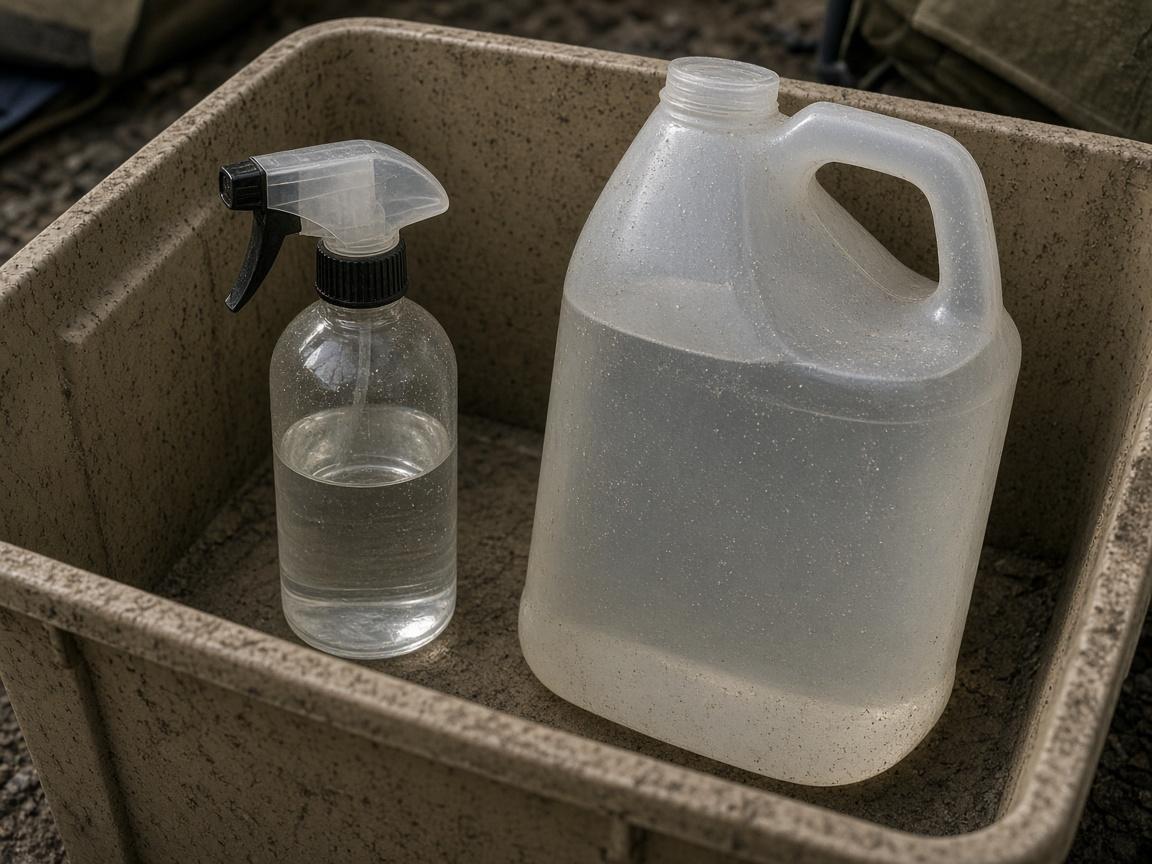 An unlabeled spray bottle and a clear gallon jug.
