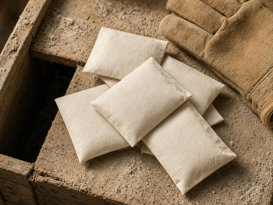 Plain hand-warmer packets on a dusty crate.