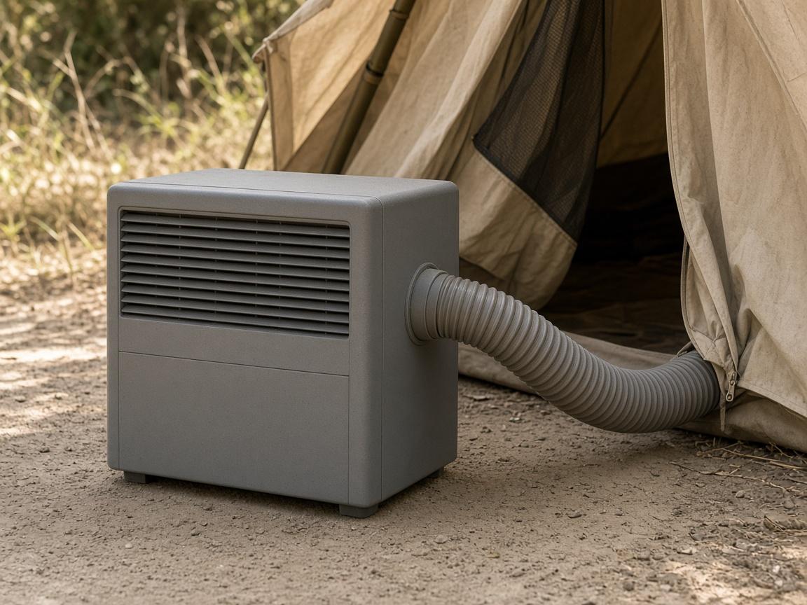 A compact portable air conditioner with the exhaust duct leaving a tent.