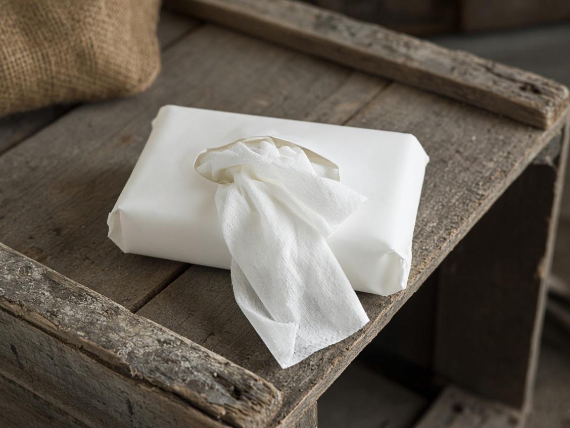 A plain pack of wipes on a dusty crate.