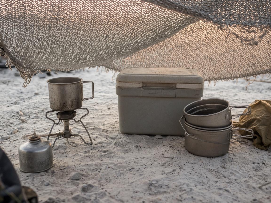 Nested metal camp pots beside a stove and a cooler.