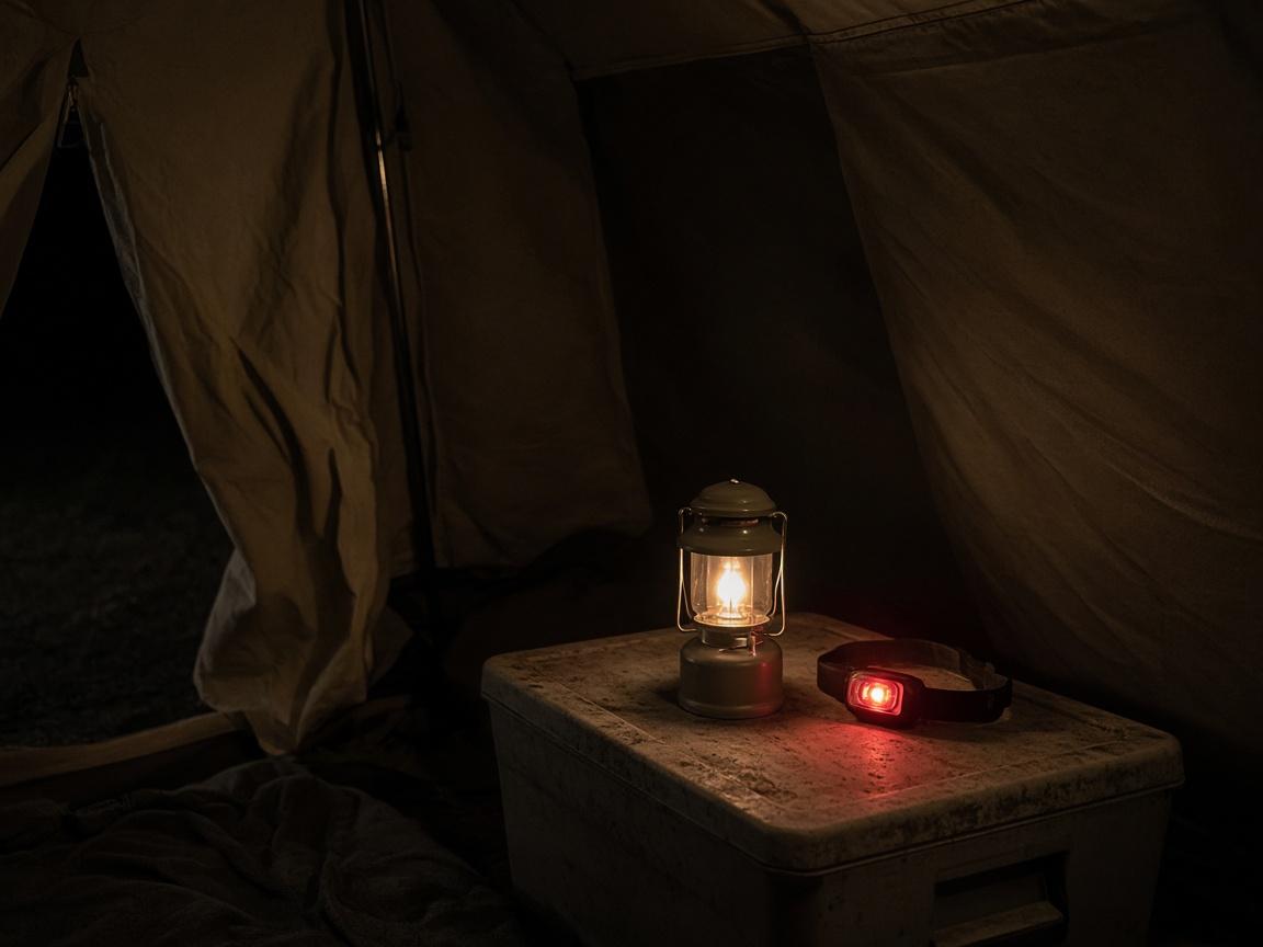 A low lantern and a red headlamp inside a dark tent.