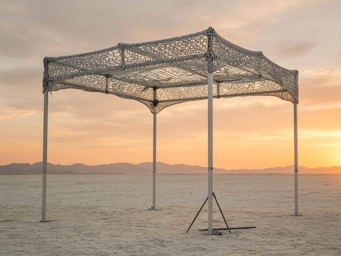 A straight-leg frame with loose silver knit shade cloth over it.