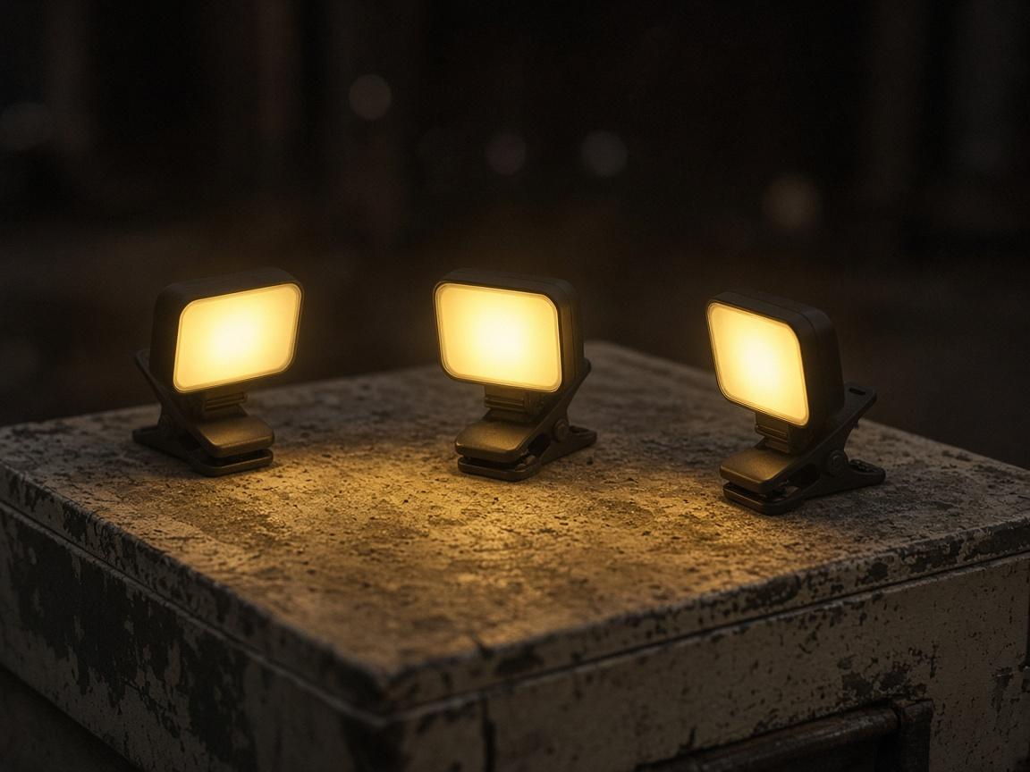 Small clip lights with clamps, glowing on a dusty crate.