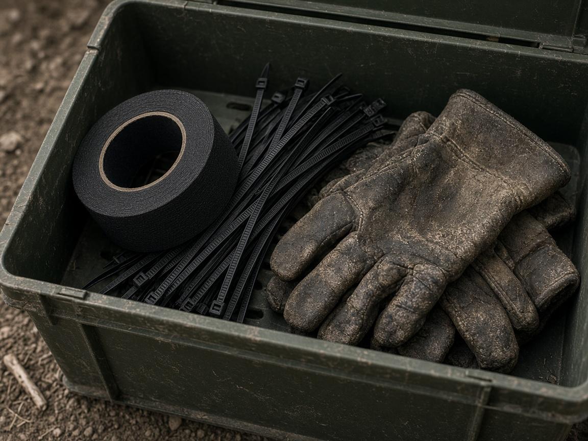 Leather work gloves in a bin with tape and zip ties.
