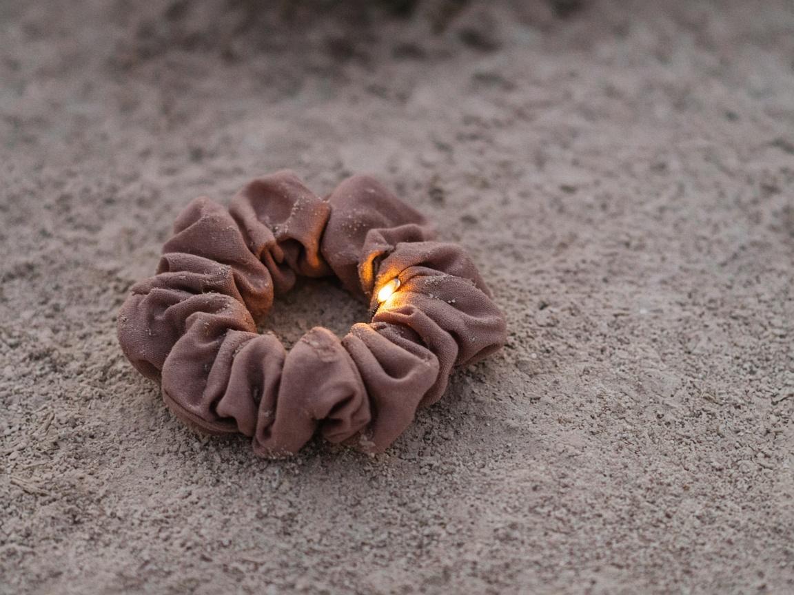 A soft hair tie with a tiny warm light on pale dust.