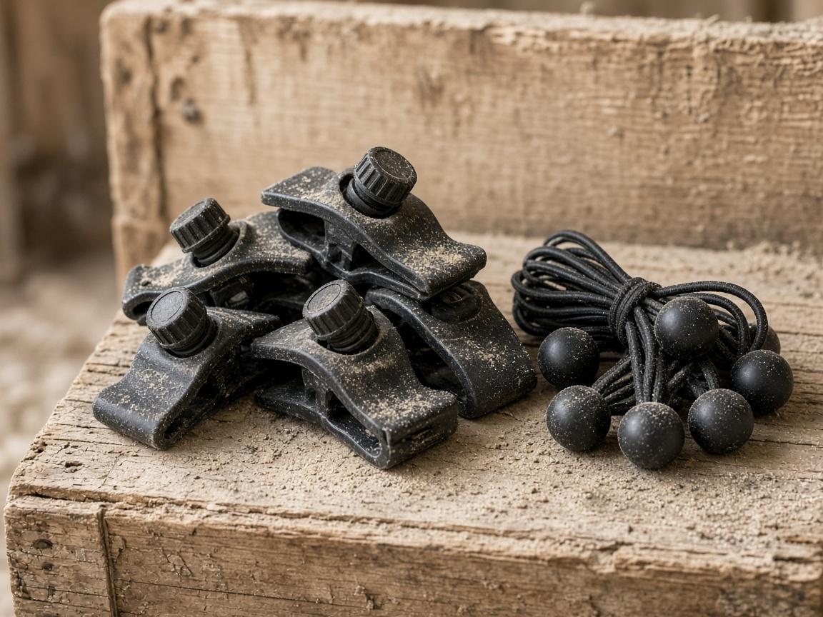 Black tarp clips and a bundle of ball bungees on a dusty crate.